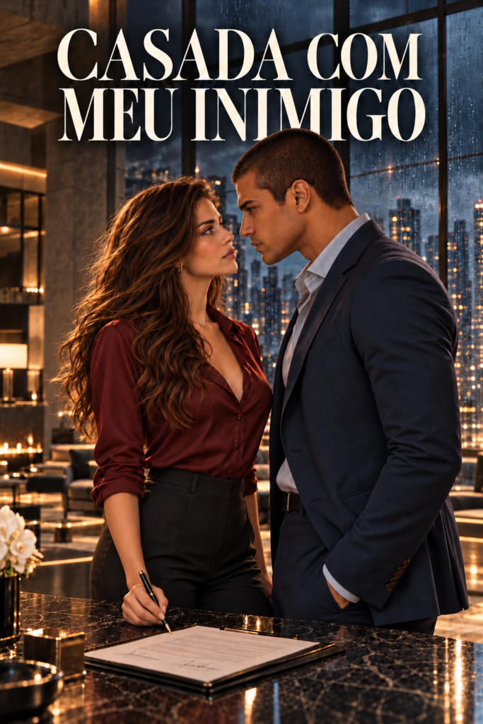 Capa de Casada com Meu Inimigo — Helena e Dante assinando o contrato